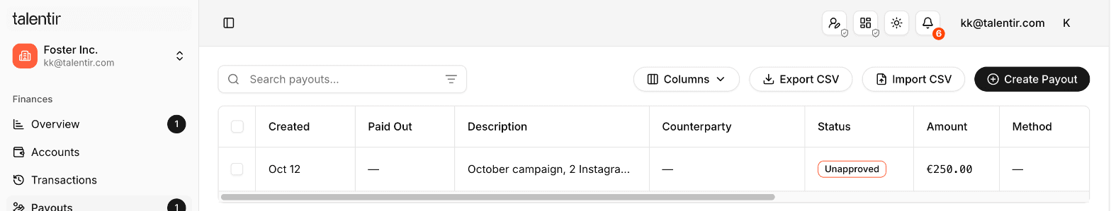 The Payouts page with the Create Payout button
