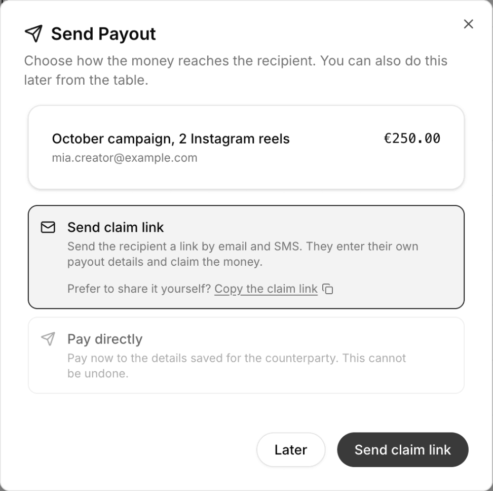 The send step with the options Send claim link and Pay directly